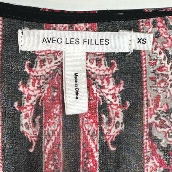 Avec Les Filles | Tie Neck Long Sleeves Printed Blouse | Cordovan Multi | XS - Picture 5 of 12